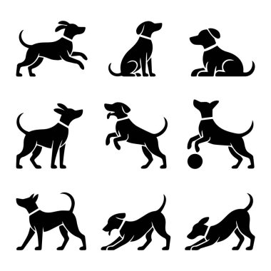 Beyaz arka planda izole edilmiş farklı köpek pozları ve eylemlerini gösteren siyah siluet simgelerinin vektör sanatı