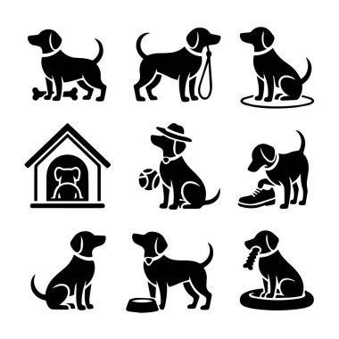 Beyaz arka planda izole edilmiş çeşitli köpek türlerini ve aktivitelerini tasvir eden siyah siluet simgelerinin toplanma vektör sanatı