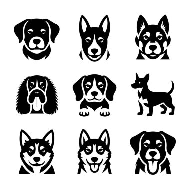 Beyaz arka planda izole edilmiş çeşitli türleri gösteren siyah siluet köpek yüzü simgelerinin oluşturduğu vektör sanatı