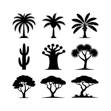 Palmiye ağaçları ve kaktüsler de dahil olmak üzere çeşitli ağaç ve bitki siluetlerinin beyaz bir zemin üzerinde izole edilmiş vektör sanatı
