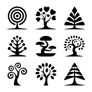 Beyaz arka planda izole edilmiş, doğayı sembolize eden çeşitli ağaç simgelerinin ve siluetlerin vektör sanatı