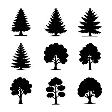 Beyaz arka planda izole edilmiş kozalaklı ve yaprak döken ağaç siluetlerinin vektör sanatı, ormanı temsil ediyor.