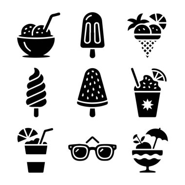 Siyah dondurma ve yaz içeceği ikonlarının toplanma vektör sanatı, beyaz arka planda izole edilmiş koniler, buzlu dondurmalar ve ferahlatıcı içecekler de dahil.