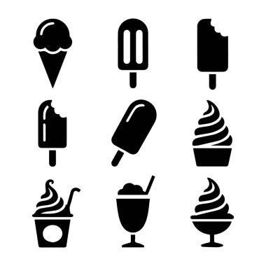Siyah dondurma ikonlarının, külahların, buzlu şekerlerin ve fincanların yer aldığı vektör sanatı, bazılarında ısırık izleri var, beyaz arka planda izole edilmiş.