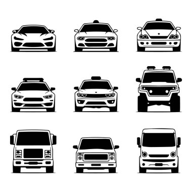 Beyaz arka planda izole edilmiş spor araba, cip, kamyon, minibüs, taksi ve polis arabası siluetleri de dahil olmak üzere araç simgelerinin ön görünüm koleksiyonu