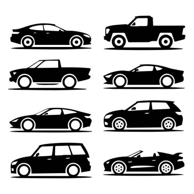 Sedan, coupe, spor arabalar, üstü açık arabalar, kamyonlar, jipler ve minivanların beyaz arka planda izole edildiği çeşitli araba siluetleri koleksiyonu.