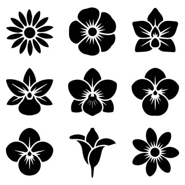 Beyaz ve siyah desenli dokuz çiçek ikonundan oluşan vektör sanat seti, temiz beyaz arka planda izole edilmiş papatya, orkide ve zambak gibi çeşitli çiçek şekilleri sergiliyor.