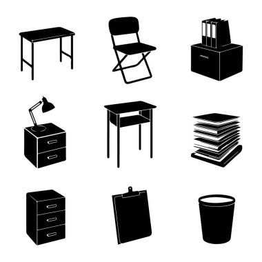 Ofis malzemeleri ve mobilya ikonlarının vektör sanatı, masalar, sandalyeler, dosya dolapları ve beyaz arka planda izole edilmiş bir çöp kutusu.