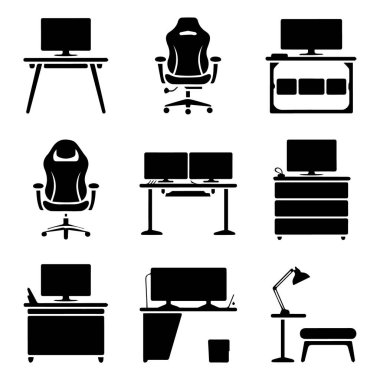 Beyaz arkaplanda monitörler, sandalyeler, masalar, dolaplar ve lambaların yer aldığı bilgisayar ve oyun masası kurulum simgelerinin vektör sanatı