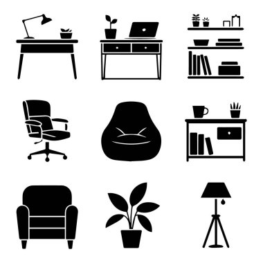 Beyaz arka planda izole edilmiş masalar, sandalyeler, armut çanta ve bitkiler de dahil olmak üzere modern ev ve ofis mobilyaları koleksiyonunun vektör sanatı