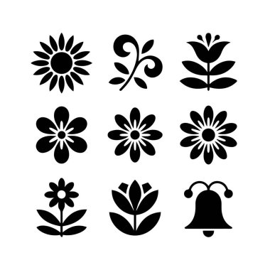 Beyaz arkaplanda izole edilmiş siyah çiçek ve çan simgelerinin vektör sanatı