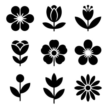 Beyaz arka planda izole edilmiş, laleler, papatyalar ve diğer çiçeklerin yer aldığı siyah çiçek ikonları ve siluetlerin vektör sanatı