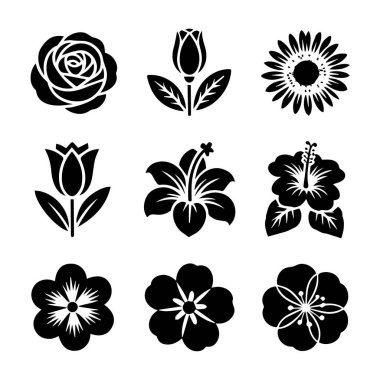 Beyaz bir arka planda izole edilmiş, güller, laleler, amberler ve papatyalar içeren siyah çiçek ikonları ve siluet koleksiyonunun taşıyıcı sanatı