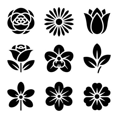 Beyaz bir arka planda izole edilmiş dokuz siyah çiçek ikonu ve sembolü, güller, laleler ve çeşitli çiçek tasarımları içeren taşıyıcı sanat