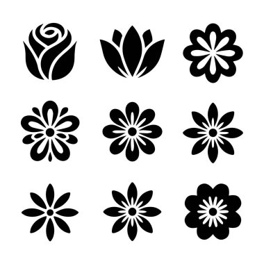 Beyaz arka planda sunulan dokuz siyah çiçek ikonu ve sembolü, güller, laleler ve çeşitli çiçek motiflerinden oluşan vektör sanatı