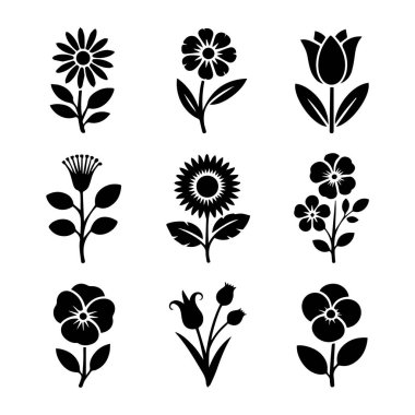 Siyah çiçek ikonları ve siluetlerinden oluşan vektör sanatı, güller, laleler, papatyalar ve çiçek aranjmanları, beyaz üzerine izole edilmiş.