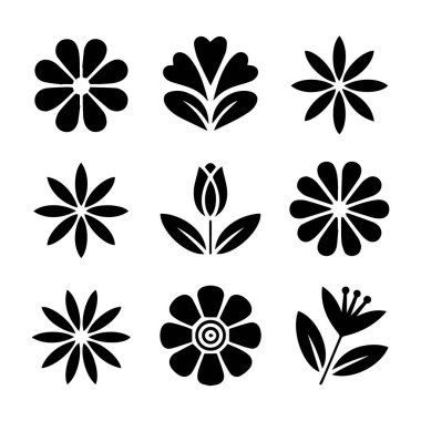 Dokuz siyah çiçek ikonu ve sembolünden oluşan vektör sanatı. Bunlar arasında güller, laleler ve çeşitli çiçek şekilleri var. Tasarım için beyaz bir zemin üzerinde izole edilmiş.