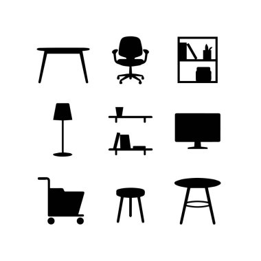 Masa, sandalye, kitaplık, lamba, raflar, monitör, araba ve taburelerin yer aldığı çeşitli ofis mobilyası ve ekipman simgelerinin yer aldığı vektör sanatı beyaz arka planda izole edildi