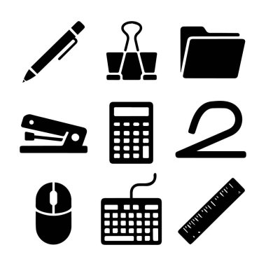 Beyaz arkaplanda izole edilmiş ofis ve okul malzemeleri koleksiyonu vektör sanatı