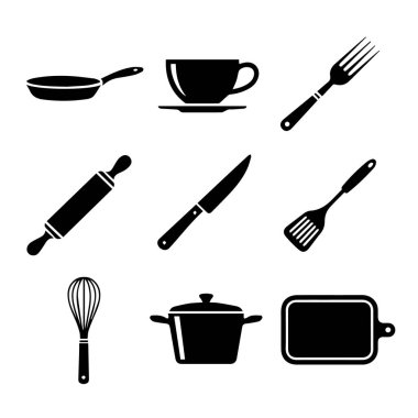 Beyaz arkaplanda izole mutfak gereçleri ve yemek takımlarının vektör sanatı