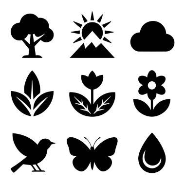 Beyaz arkaplanda izole edilmiş doğa ve çevre simgeleri koleksiyonu vektör sanatı