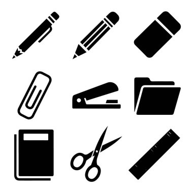 Beyaz arkaplanda izole edilmiş siyah kırtasiye ve ofis malzemeleri koleksiyonu vektör sanatı