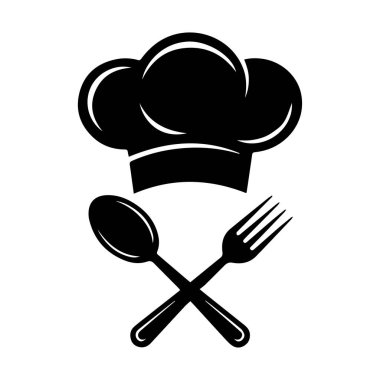 Beyaz arka planda çapraz kaşık ve çatalla aşçı şapkası vektör sanatı