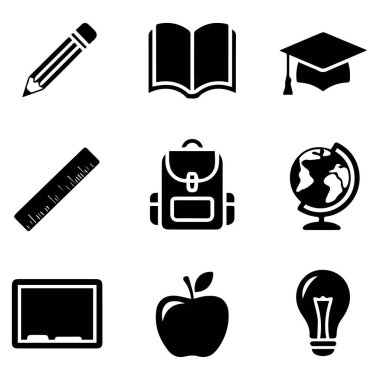 Beyaz arkaplanda izole edilmiş okul ve eğitim ikonları koleksiyonu vektör sanatı