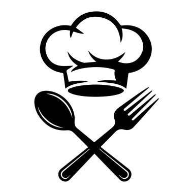 Aşçı şapkasının vektör sanatı çapraz kaşık ve çatalla, aşçılık sanatını ve güzel yemekleri temsil ediyor, beyaz arka planda izole edilmiş.