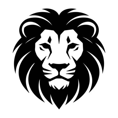 Beyaz arka planda izole edilmiş görkemli yelesi olan bir aslanın siyah ve beyaz siluetinin vektör sanatı