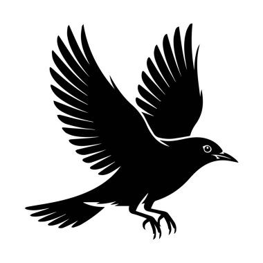 Beyaz arka planda izole edilmiş, uçarken geniş kanatlı bir kuşun siyah siluet vektör sanatı