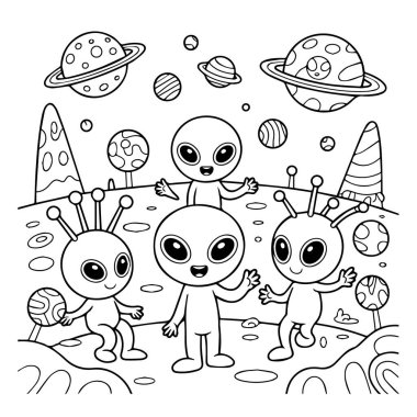 Tuhaf bir gezegende sallanan ve üzerinde yıldızlar ve gezegenler olan sevimli çizgi film yaratıklarının vektör sanatı.