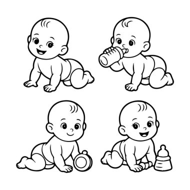 Beyaz arka planda izole edilmiş oyuncak ve şişelerle sürünen ve oynayan dört sevimli çizgi film bebeğinin vektör sanatı