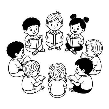Çeşitli bir grup çocuğun vektör sanatı bir çemberde oturup kitap okumak, eğitimi sembolize etmek ve öğrenmeyi paylaşmak.