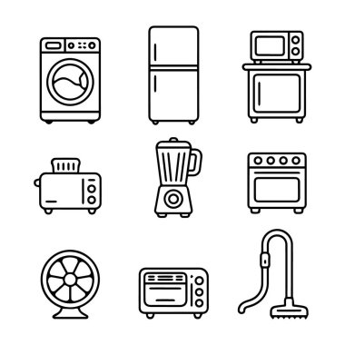 Beyaz arka planda izole edilmiş mutfak ve temizlik için ev aletleri koleksiyonu.