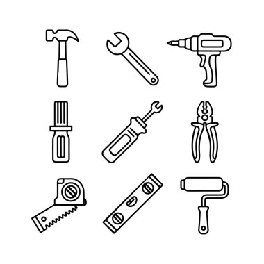 Yapım ve onarım için el aletleri ve ekipman toplama vektör sanatı, beyaz arka planda izole