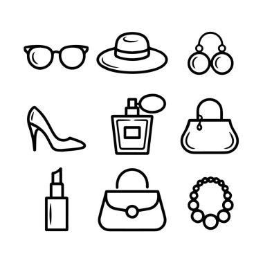 Moda ve güzellik aksesuarları seti el çantası, ruj, parfüm, yüksek topuklu ayakkabı, şapka ve güneş gözlüğü, beyaz arka planda izole edilmiş.