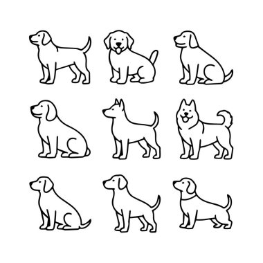 Beyaz arka planda izole edilmiş, basit bir sanat tarzında dokuz farklı köpek türünden oluşan vektör sanatı