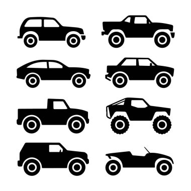 Beyaz arka planda izole edilmiş SUV, kamyon ve off-road araçları da dahil olmak üzere siyah ve beyaz araç siluetleri koleksiyonu vektör sanatı