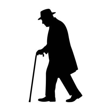 Beyaz arka planda, şapkası ve bastonu olan yaşlı bir adamın silüeti.