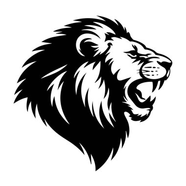 Beyaz arka planda izole edilmiş, kükreyen aslanların kafalarının şekillendirilmiş siyah beyaz çizimi.