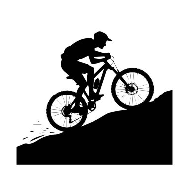 Dağ bisikletçisinin silüet sanatı. Yokuş aşağı bisiklet sürüyor, beyaz arka planda izole edilmiş.