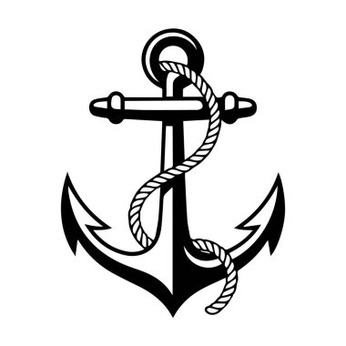 Siyah siluet sanatı. Beyaz arka planda izole edilmiş kalın bir halatla donatılmış bir çapa.