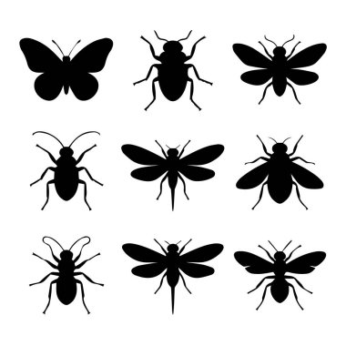 Beyaz arka planda izole edilmiş kelebek ve yusufçuk da dahil olmak üzere böcek siluetleri koleksiyonu vektör sanatı