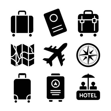 Beyaz arka planda izole edilmiş valiz, pasaport, harita, uçak, pusula ve oteli içeren seyahat ve turizm simgesi seti