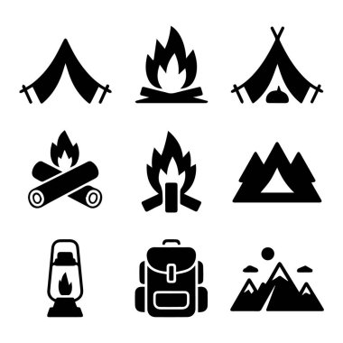 Kamp, kamp ateşi, fener, sırt çantası ve dağların beyaz arka planda izole edilmesi de dahil olmak üzere, kamp ve açık hava aktivite ikonları toplama vektör sanatı