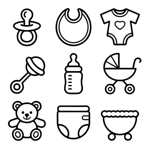 Beyaz arka planda izole edilmiş bebek bakım ürünleri ve aksesuarlarının vektör sanatı
