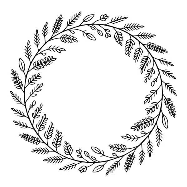 Beyaz arka planda izole edilmiş yapraklı ve dallı çiçek çelengi.