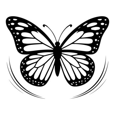 Beyaz arka planda izole edilmiş, ayrıntılı kanatları olan bir kral kelebeğinin siyah beyaz çizimi.