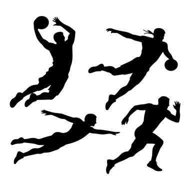 Basketbolcuların siluet sanatı, hareket halinde, beyaz arka planda izole edilmiş bir top ile zıplama ve koşma